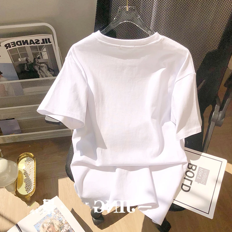 Summer T-shirt Woman Oversized Short Sleeve Cotton Tees Harajuku Girls Cute Rabbit Tops Casual O-neck White Bottom Loose Tee