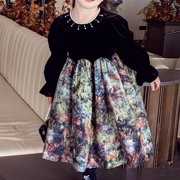 Girls' Black Velvet Dress 2025 Spring and Autumn New Gorgeous princess dress Splicing Texture Dress 5-6 7-8 9-10 Years Old