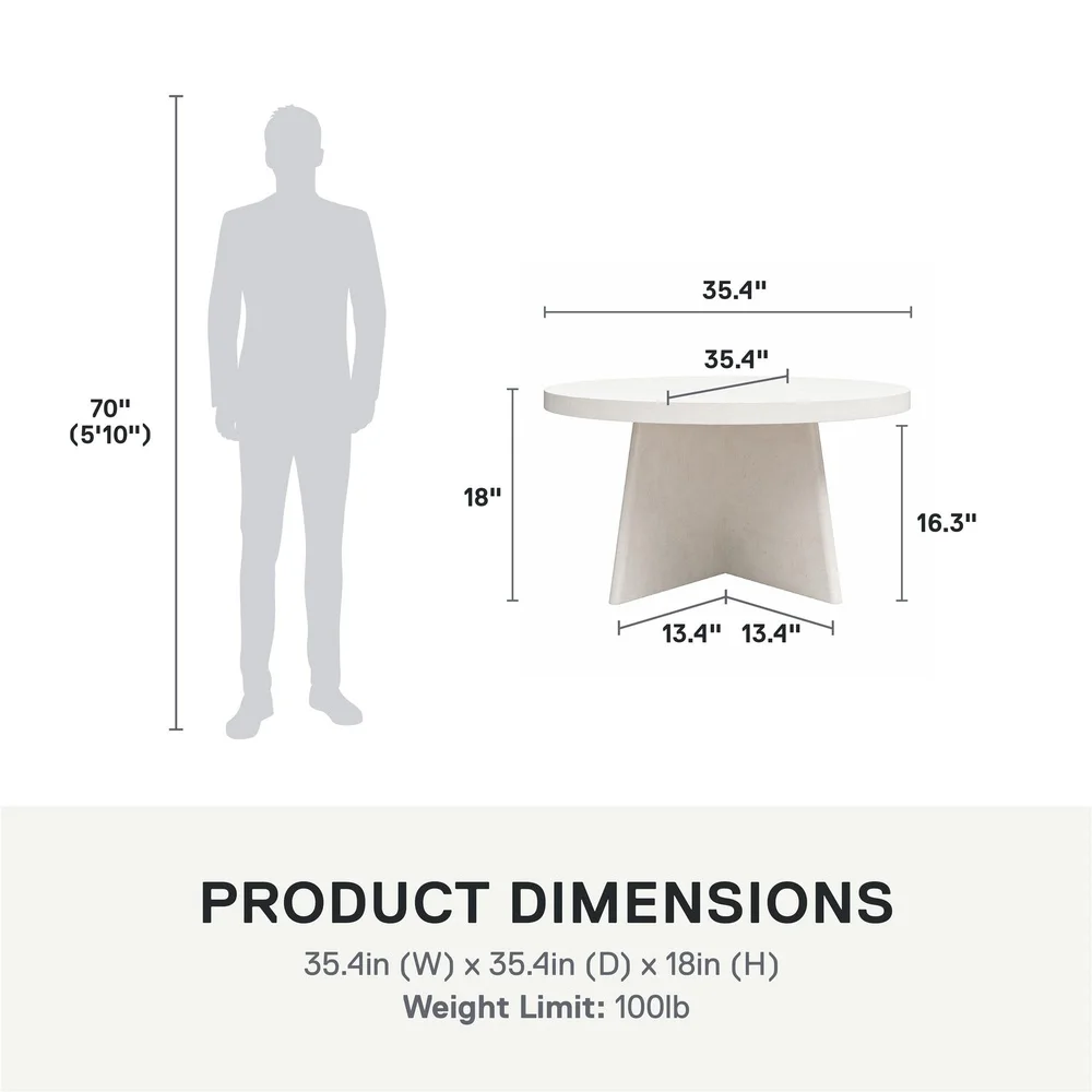 Modern Round Coffee Table Faux Plaster Finish Durable Engineered Wood Tapered Base Easy Assembly Indoor Use Sophisticated Design