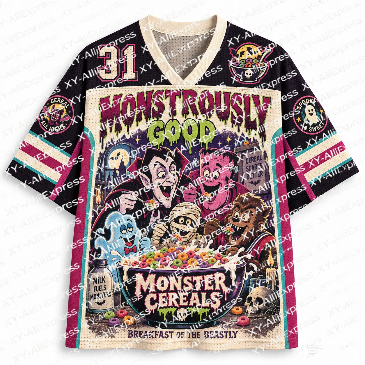 Halloween Horror Monster Themed Sports Jersey Breathable Mesh Short Sleeves,vintage Prints Street Style Outfit Halloween Parties