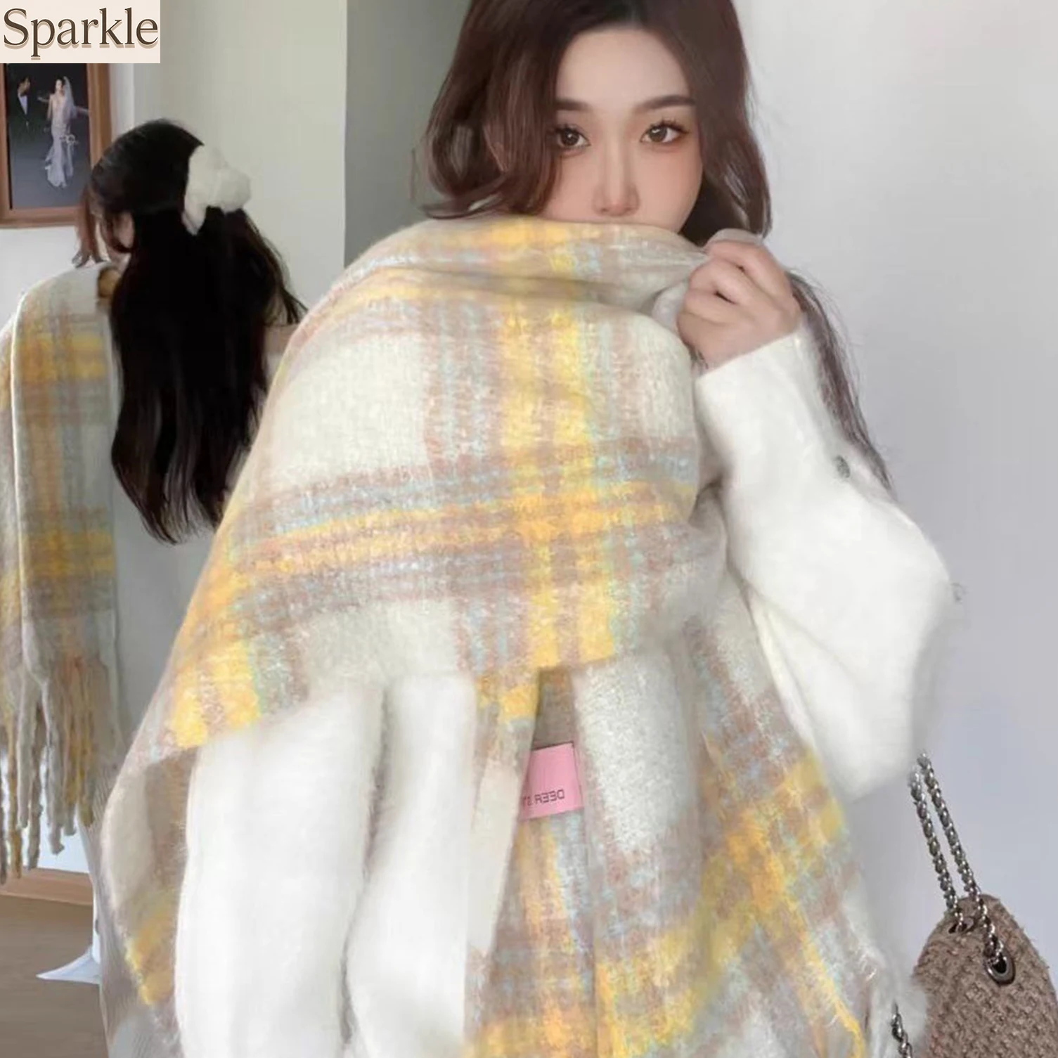 

Women's Winter Thickened Rainbow Cashmere Scarf Versatile Warm Elegant Casual Fashion Large Size Polyester Fiber for Commuting