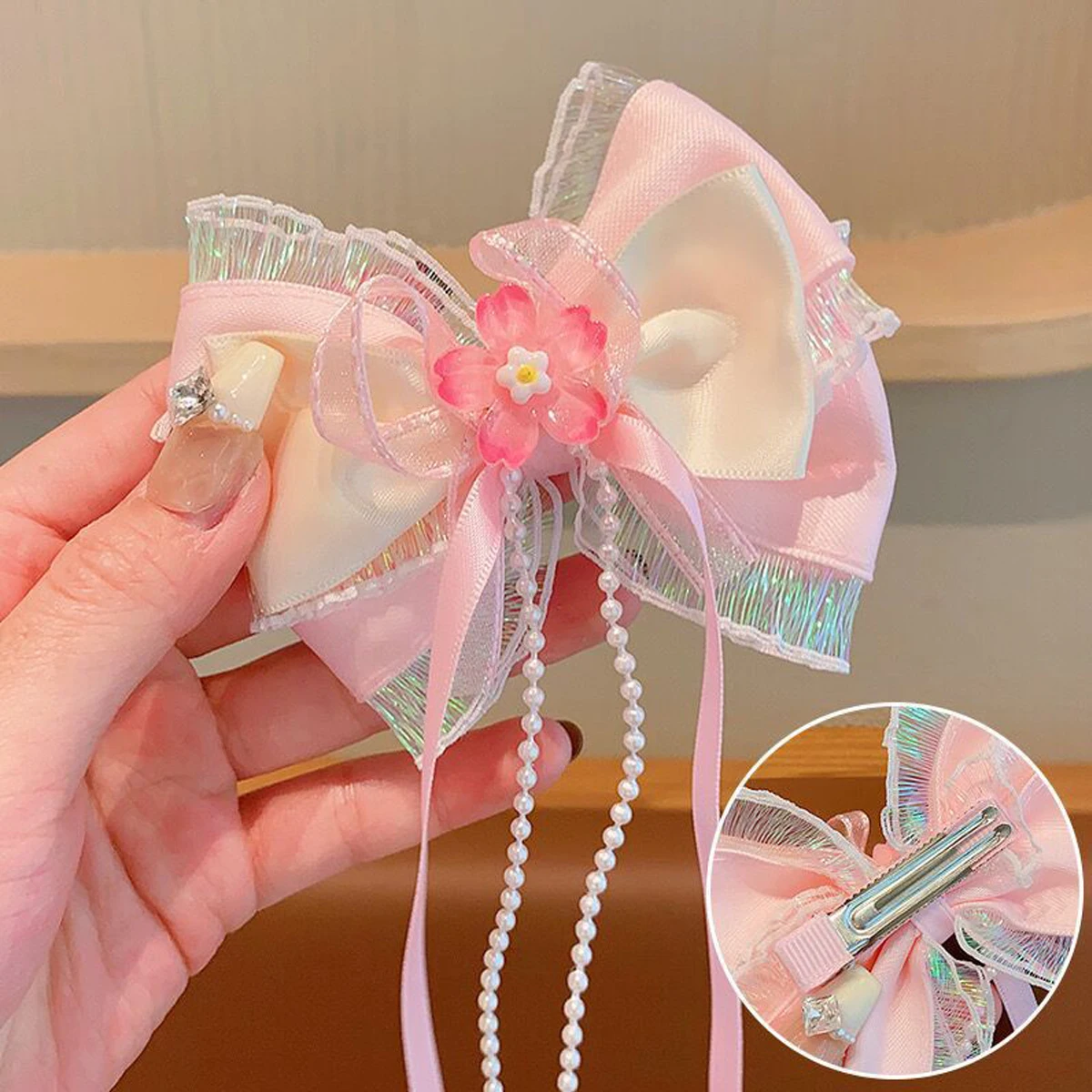 Long Ribbon Bow Hair Clip Sakura Princess Hair Clip Sweet Pearl Tassels Duckbill-clip Lolita Hair Accessory for Girl