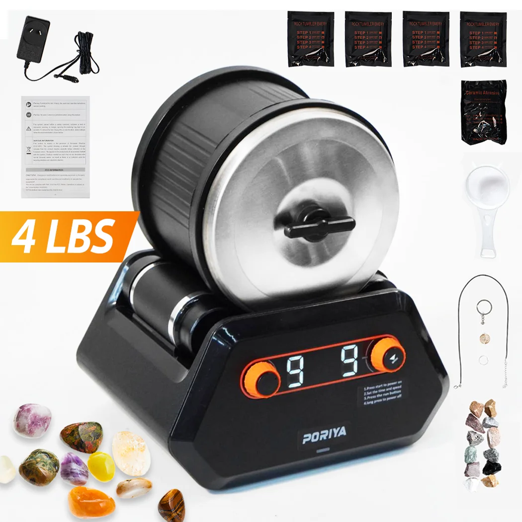 PORIYA Rock Tumbler Kit 4 lbs Rock Polisher 9 Speeds 9-Day Timer with Grits