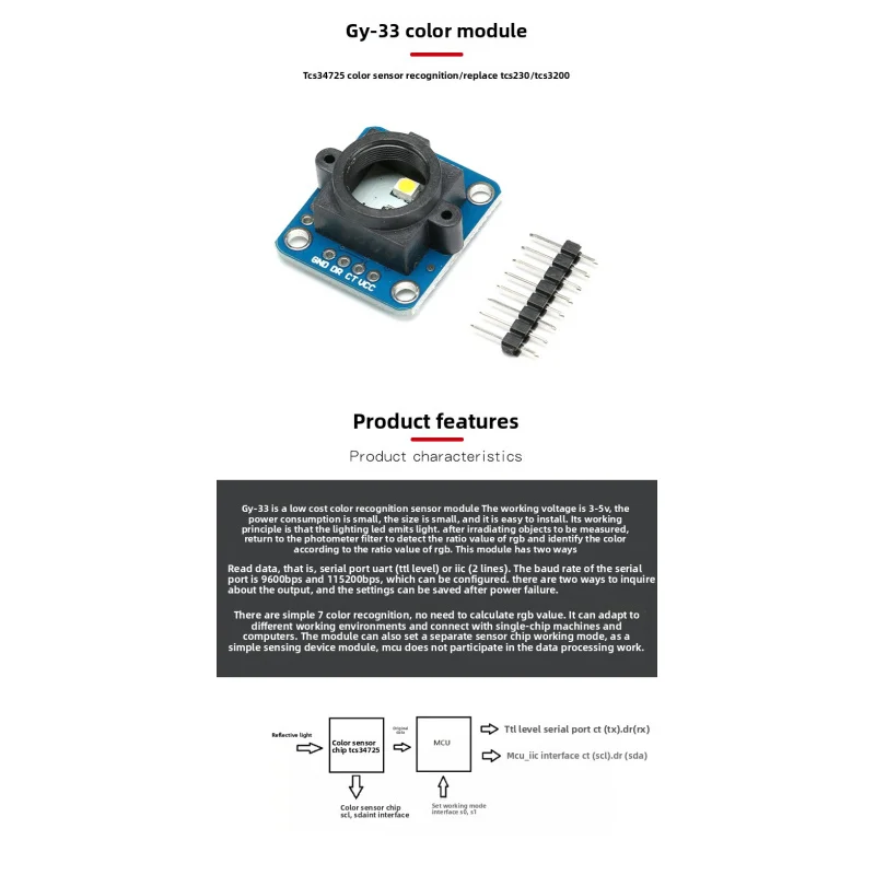 

GY-33Sensor Module Color Sensor Recognition ModuleTCS34725 SubstitutionTCS230/TCS3200