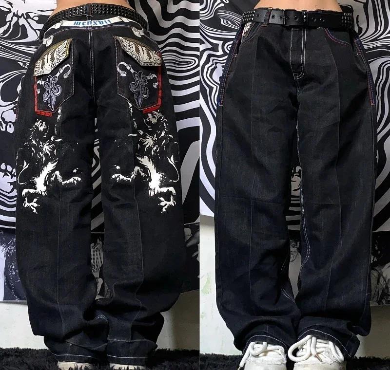 

Уличная одежда в стиле хип-хоп, популярный новый узор, черные джинсы с вышивкой, женские черные джинсы Y2K Harajuku Diablo, старые широкие брюки с высокой талией