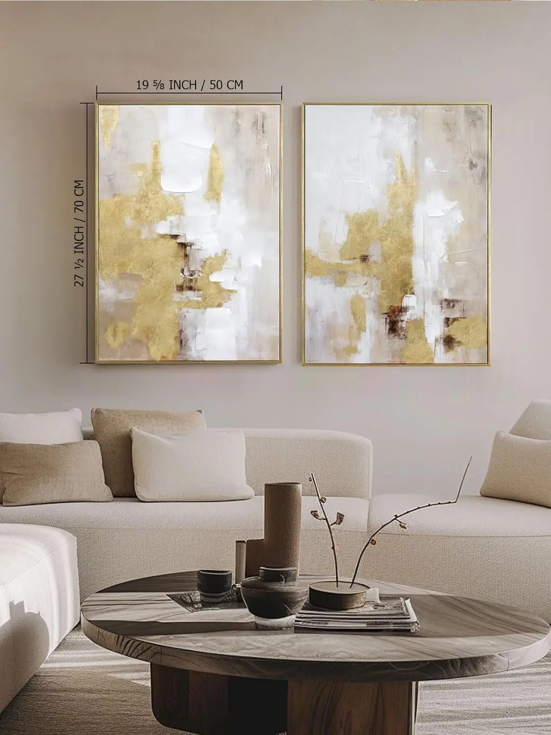 Abstract Gold And Beige Canvas Wall Art – 2 Piece 20 X 28 Inches Framed Prints With Hand-Painted Texture – Neutral Tone Artwork