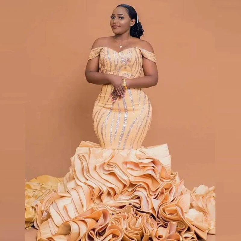 Aso Ebi plus size evening dress, off shoulder dress, ruffled mermaid dance dress, African women's formal party wedding dress