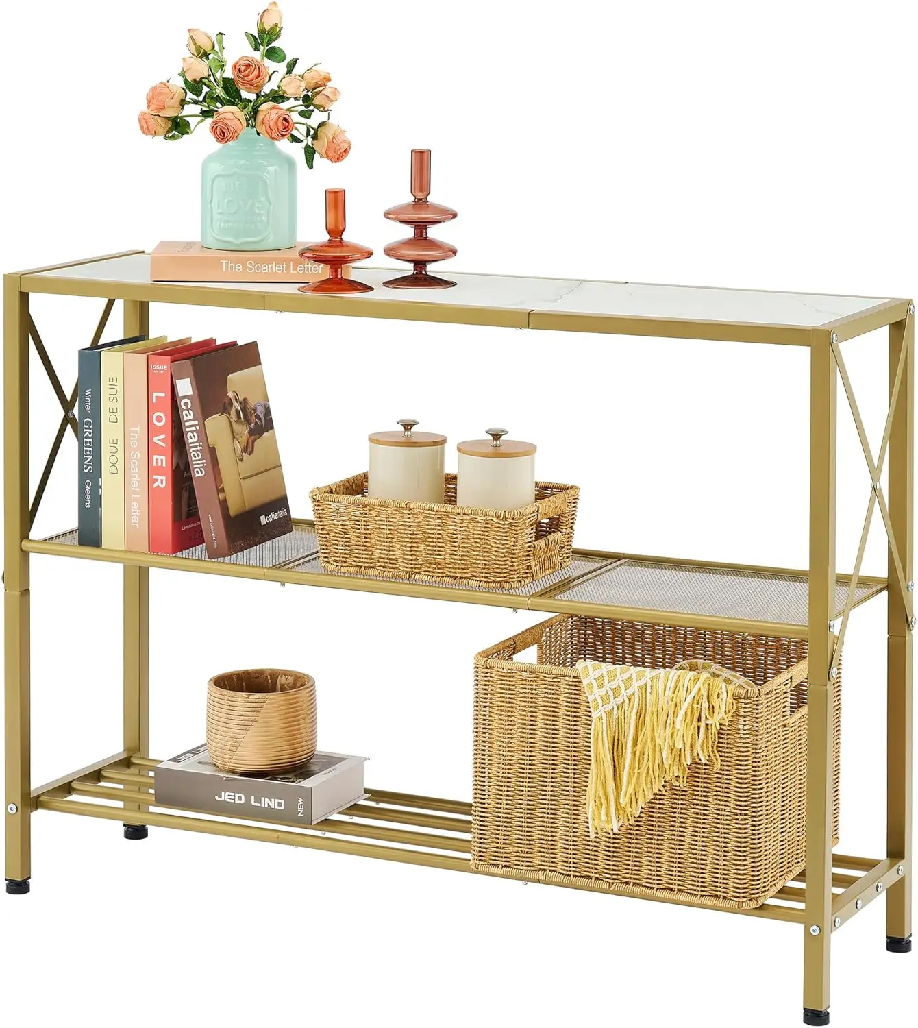 

Console Table, 3 Tier Entryway Table, Hallway Table, Narrow Sofa Table with Shelves, Entrance Table for Entryway, Gold and White