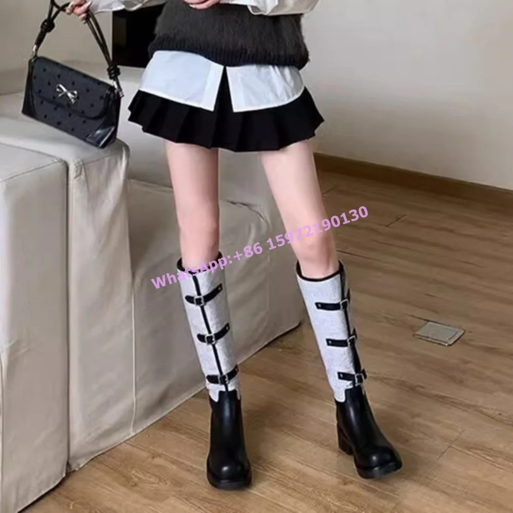 Multi Buckle Patchwork Boots Black Gray Leather Round Toe Thick Soled Retro Knight Knee High Boots Fashion Women's Concise Shoes