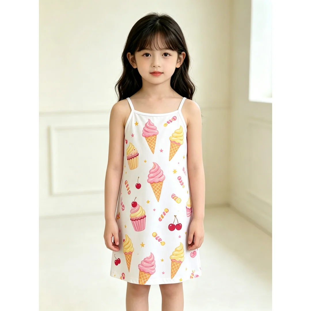 Pretty Young Girls Sleeveless Cami Tank Dress Tropical Sunset Palm Print Straight Outfit for Outdoor and Casual Summer Wear