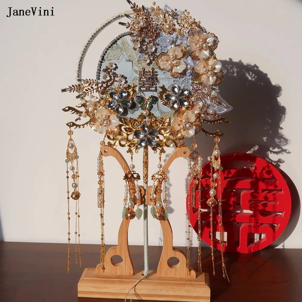 JaneVMini-Luxo Cristal Azul Chinês Buquês De Noiva, Fan Cover Face, Flores Artesanais, Metal Punho Longo, Acessórios Do Casamento