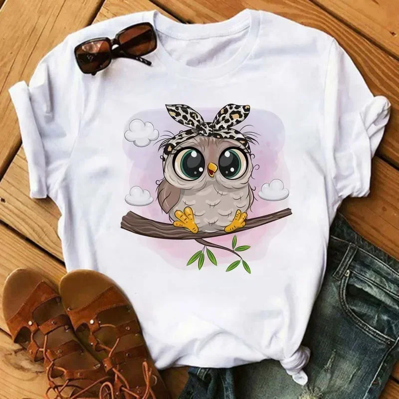 Kawaii T Shirt Women Maycaur Cartoon Owl Print Graphic Shirts Casual Short Sleeved Female Tee O-neck Harajuku T-shirts