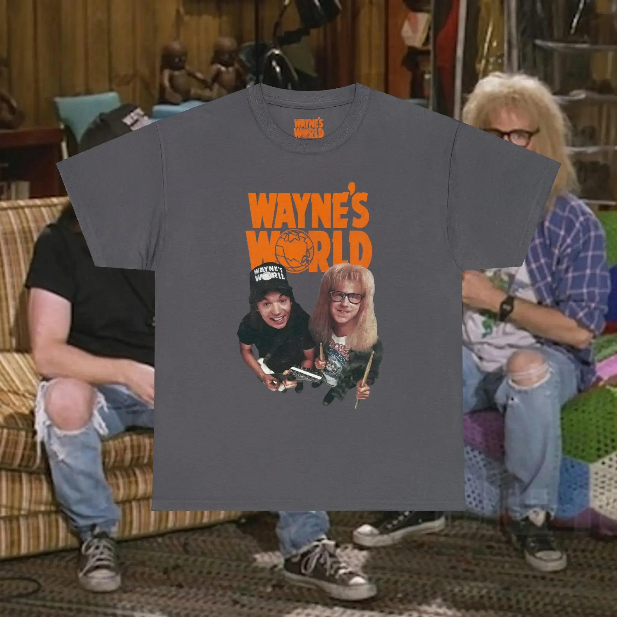 Wayne'S World Movie T-Shirt im Vintage-Stil für Herren, groß, schwarz, anthrazitfarben, mit Grafik, hochwertig bedrucktes Oberteil, Wayne und Garth