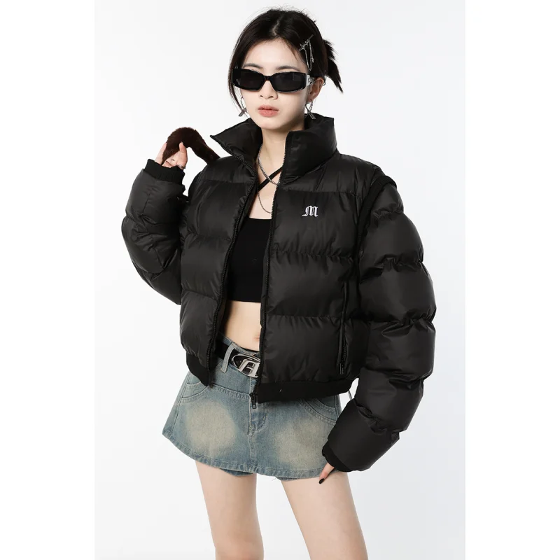 Women Black Short Down Jacket Stand Collar Fashion American Thicken Warm Feather Duck Down Female Puffer New Winter Outwear