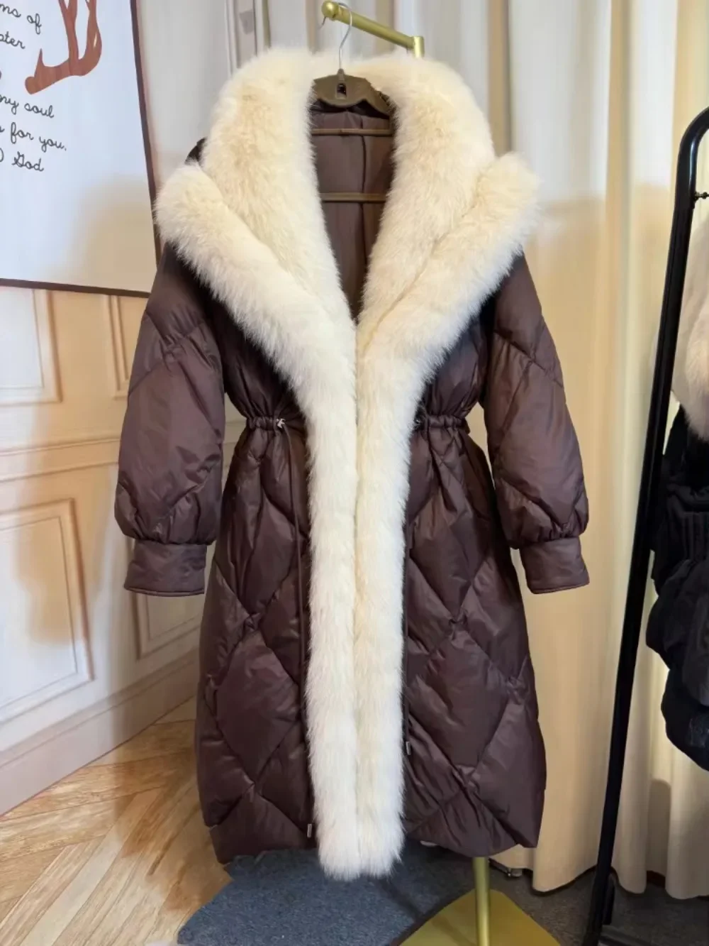 Long Fur Coat Warm Real Fox Fur Coat New European Fashion Winter Luxury Turn-down Collar White Goose Down Jacket Women