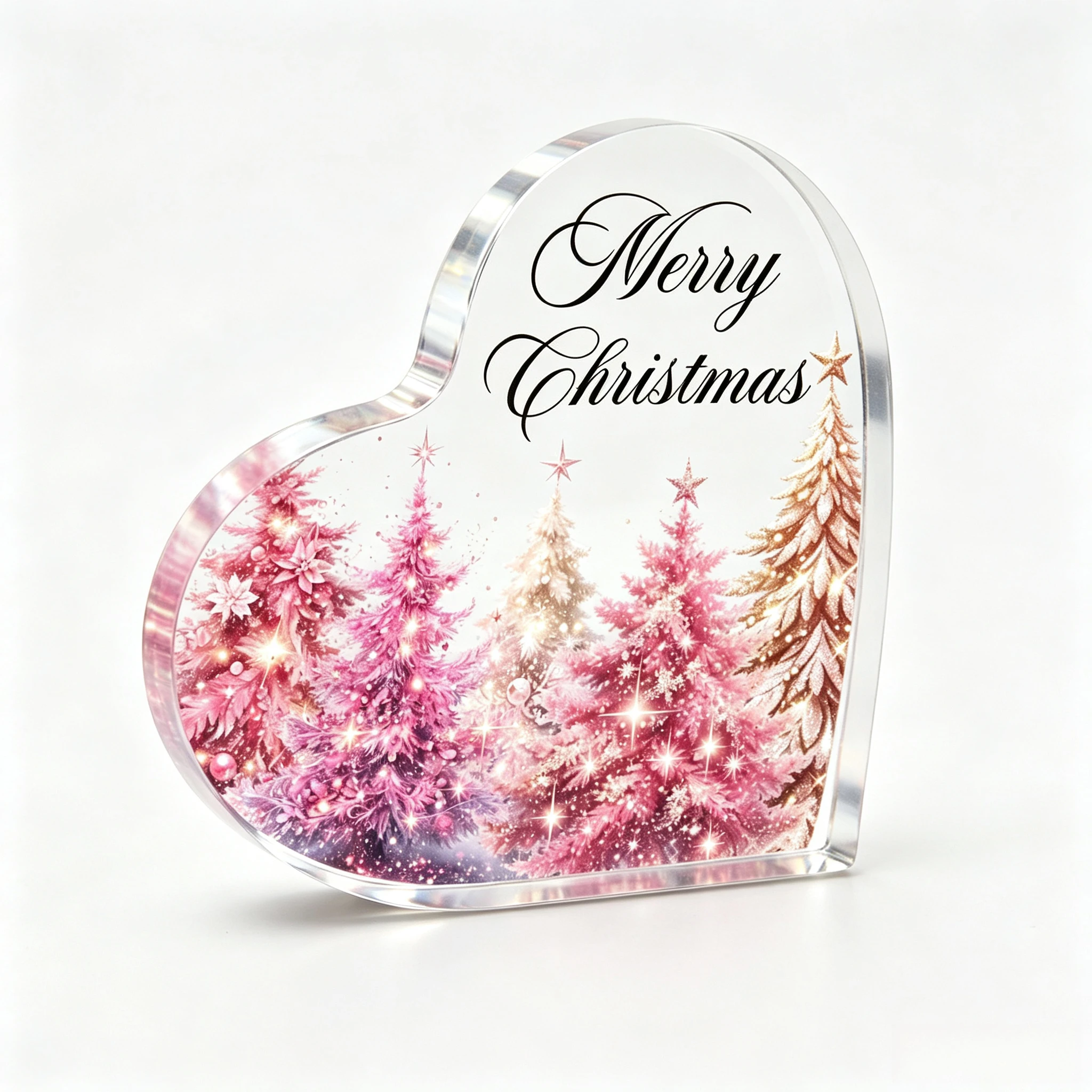 Merry Christmas Heart‑Shaped Acrylic Plaque, Pink Glitter Christmas Tree Table Decor