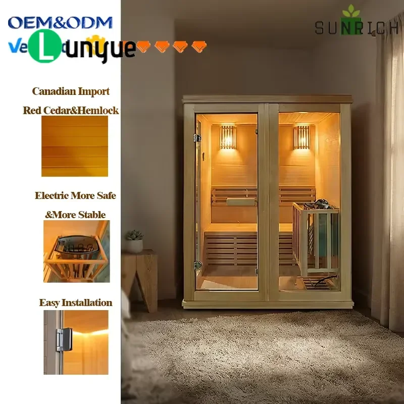 Indoor Wet Steam Sauna Room for 2-3 People Traditional Heating Cabin with 7 Color LED Light Home Spa Wellness Relaxation