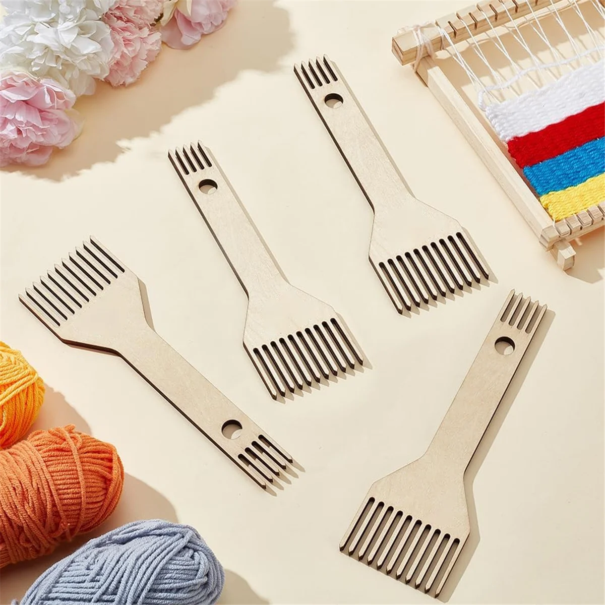 

A812P 4Pcs Wooden Weaving Comb Double Ended Fringe Comb DIY Braided Tools for Beginners Woven Knitting Sewing Crafts Sweaters
