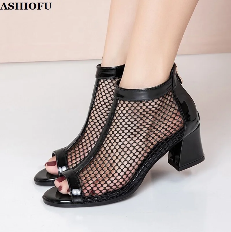 

ASHIOFU 2024 New Handmade Womens Chunky Heels Summer Boots Peep-toe Air-mesh Patchwork Party Booty Evening Fashion Prom Shoes