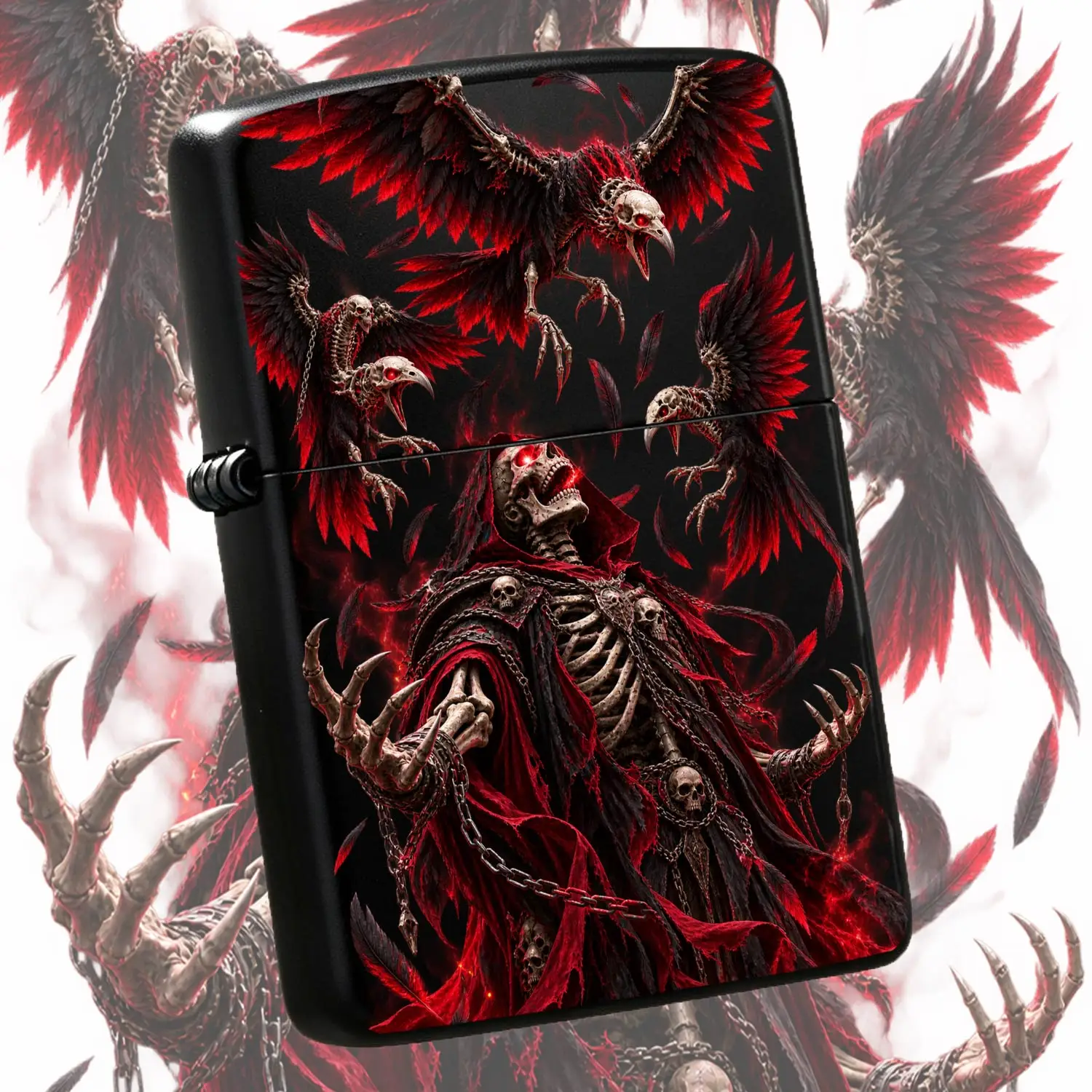 Dark Skeleton Lich Crow Themed Lighter, Cool Gothic Stylish Portable Accessory, All Scenario Usable For Outdoor Camping Daily Use, Exquisite Unique Gift For Fantasy Hobbyists, Decorative Ornament With Striking Blood Red Visual Effect A Humo