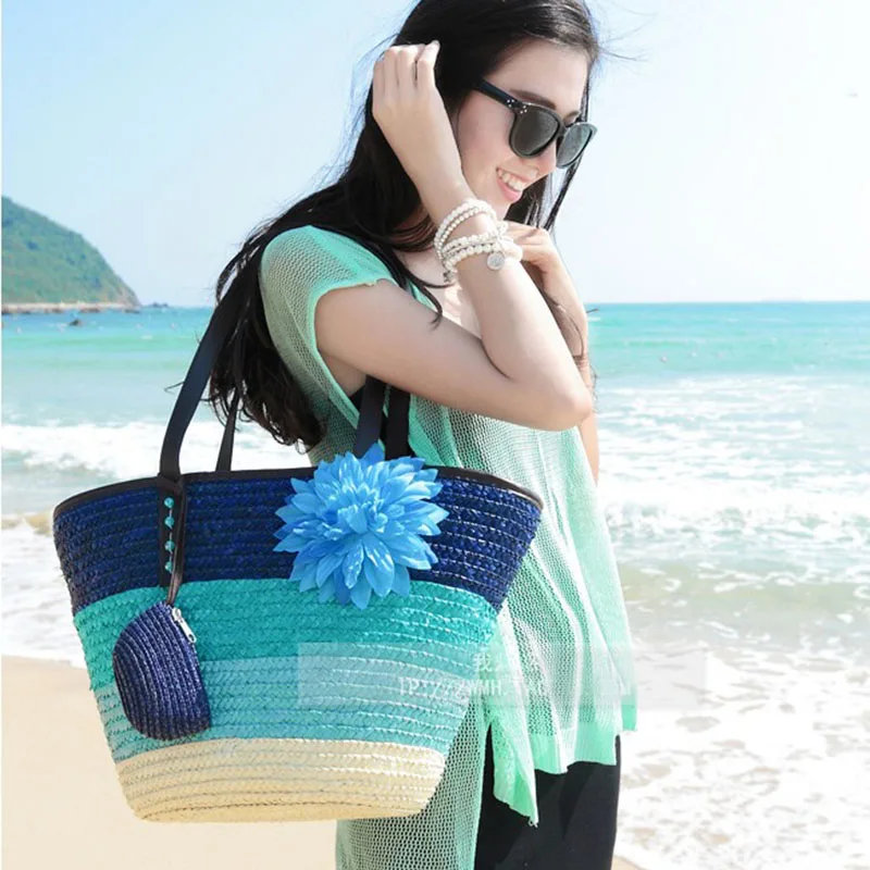 Summer Knitted Straw Bag Wheat Pole Weaving Women\'s Handbags Flower Bohemia Shoulder Bags Female Beach Bag Large Capacity Tote