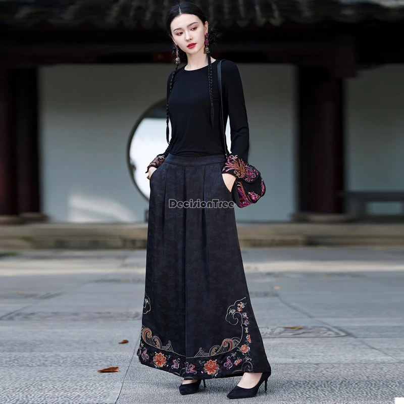 2024 new chinese national style embroidery wide leg pants women casual straight pants loose retro style elastic waist pants t001