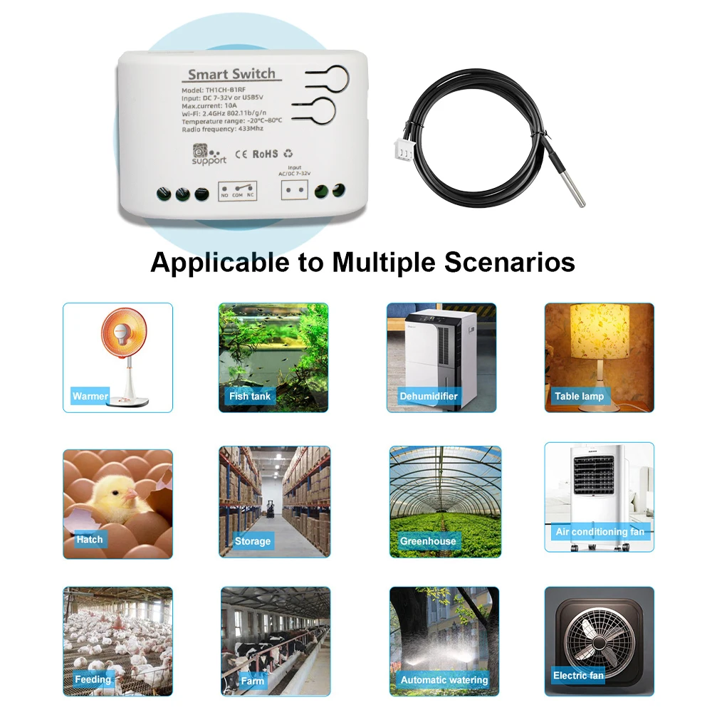 5PCS Wifi Smart Switch With Temperature Sensor 12V 24V 85-250V 220V Smart Home Remote Work with eWeLink APP Alexa Google Home