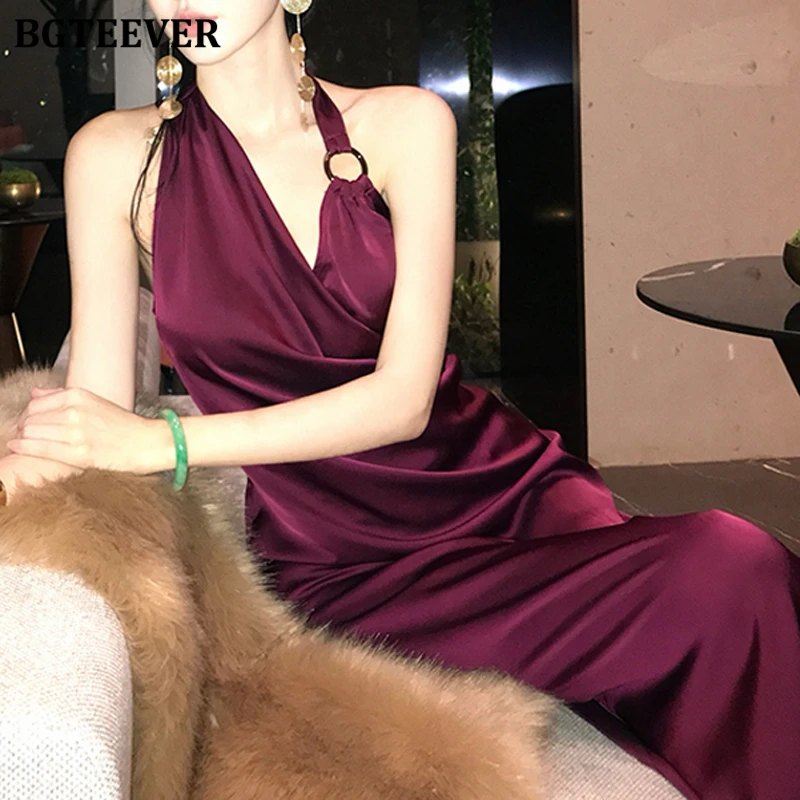 BGTEEVER, moda de verano, cintura delgada, paquete sin espalda, vestido de satén a la cadera para mujer, elegante vestido de fiesta sin mangas con cuello Halter