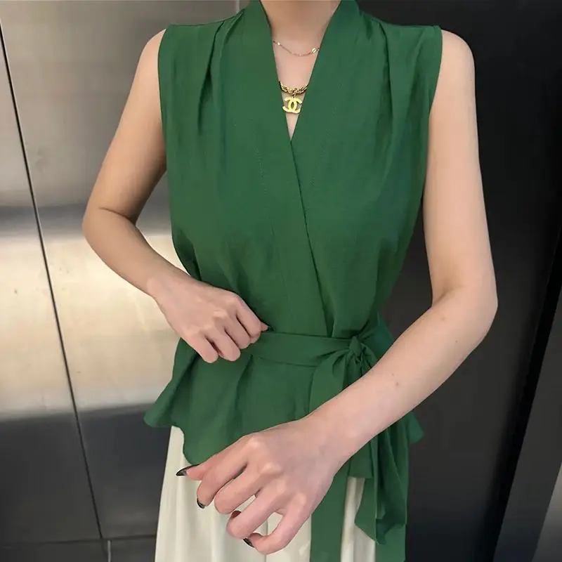 النمط الفرنسي بلا أكمام تانك الأعلى المرأة الصيف موضة جديدة سليم صالح التعادل الخصر قميص #2