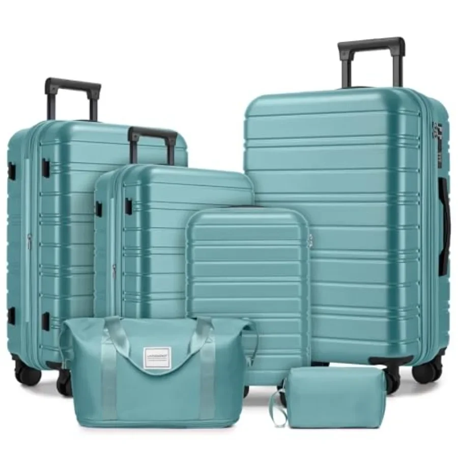 

6 Piece Luggage Set Hard Shell Misty Blue Expandable Suitcases with Spinner Wheels Duffel Bags for Family Travel Durable Carry
