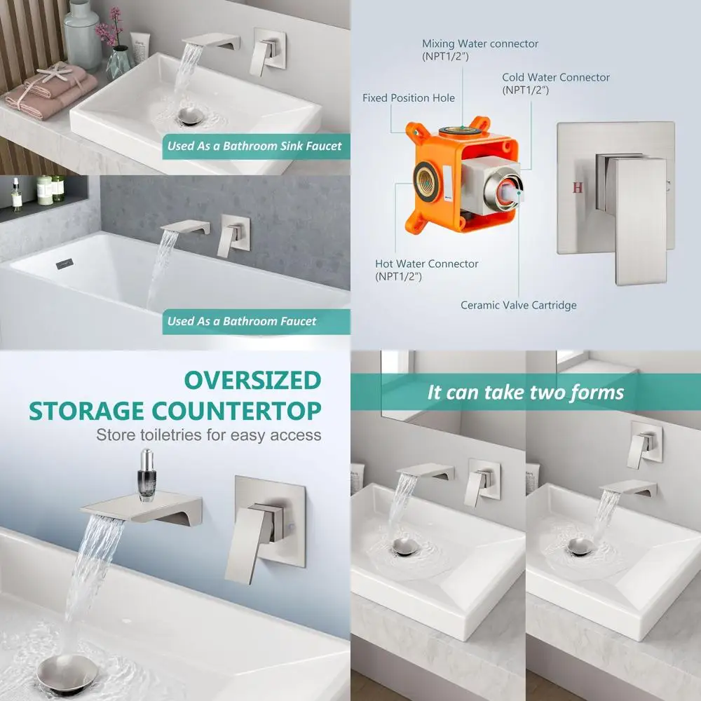 

Single Handle Wall-Mounted Sink Mixer with Waterfall Tub Filler, Brushed Nickel Finish