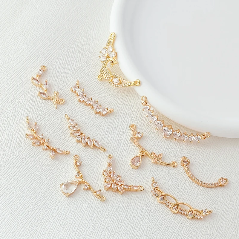 14K Gold-plated Micro-inlaid Zircon Water Drop Leaf Double Hanging Connection Pendant, DIY Handcrafted Bracelet with Link Rod