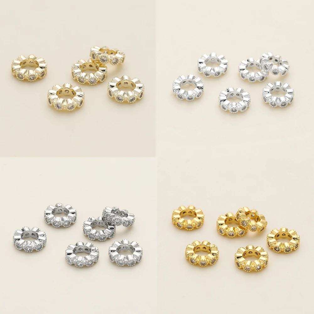 1Pcs 14/18k Gold Color Plated Big Hole  Flower Spacer Beads With Zircon for Jewelry Making Bracelet Necklace DIY Accessories
