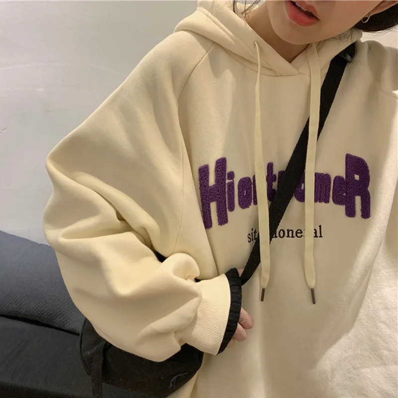 2025 Hoodies Women Lady Clothing Trendy Letter All-Match Warm Korean Style Thick Loose Hoodies New Design Simple Basic Ins