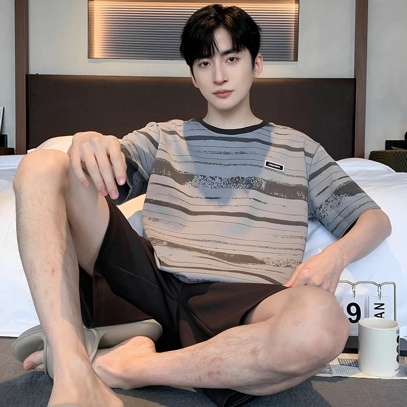 2025 New Fashion Cotton Men's Short Sleepwear Summer O Neck Short Sleeping Top Pant Home Clothes Young Boy Pjs Pyjamas Homme