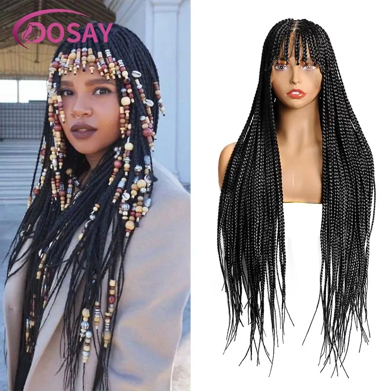 

Full Lace Front Synthetic Braids Wig for African Women Knotless Handmade Crochet Braid Wig with Bangs 32'' Goddess Braided Wigs