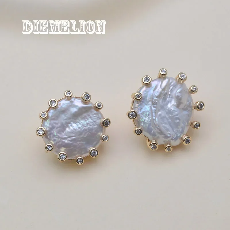 20mm Big Baroque Button Natural Freshwater Pearl Stud Earrings  CZ Pave Gold Plated Earring for Women Luxury Fine Jewelry