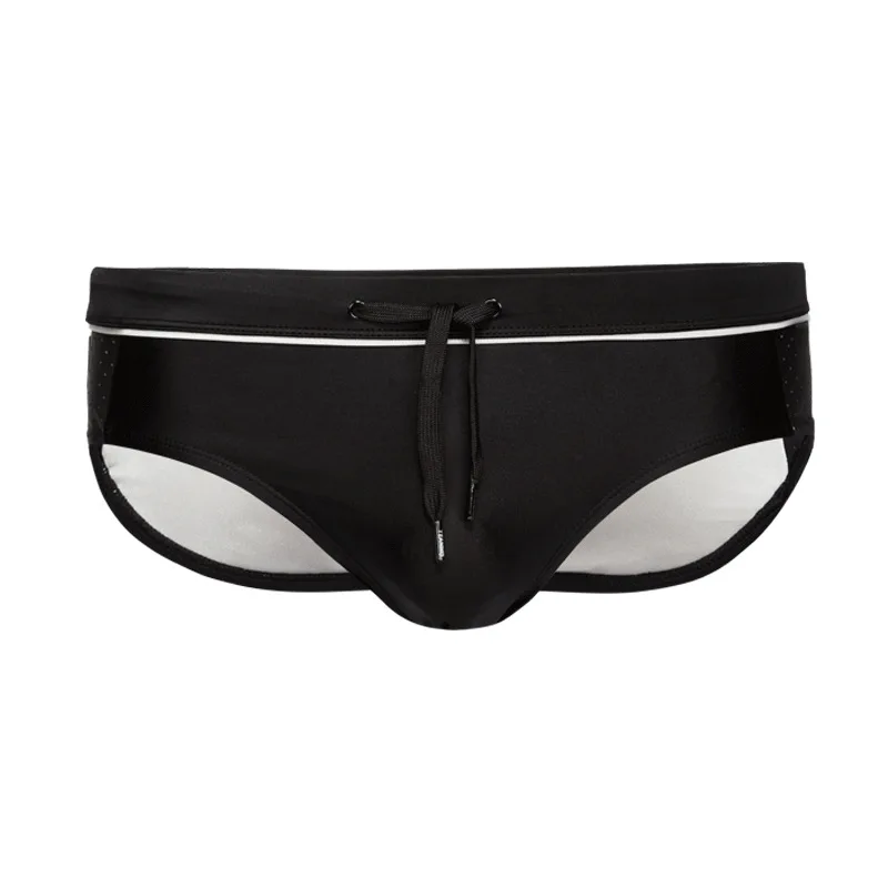 2026Men's Mesh Splicing with Cup Solid Color Black Triangle  Trousers Large Three-dimensional U Convex Swimming TrousersUXH021-1