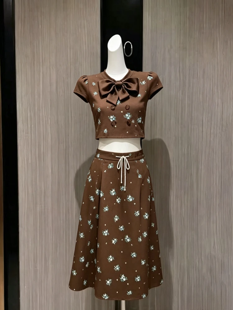 Vintage French Floral Print 2 Piece Set Women Bow Ruffle Sleeve Crop Top Ruched Waist Slim Fit Long Dress Elegant Vacation Outfi