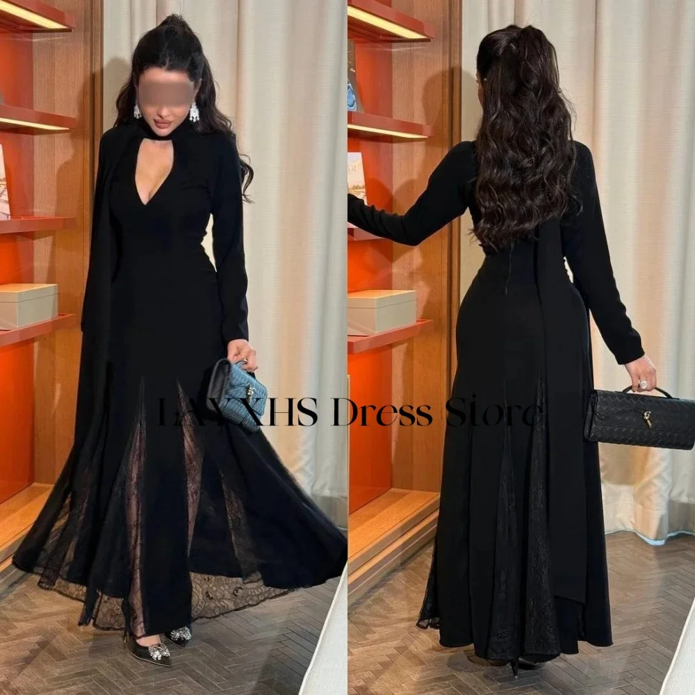 LAYXHS Sexy Preto Alta Pescoço Vestidos de Noite Sereia Mangas Compridas Renda Plissado Vestidos de Baile Personalizados فستانmavera