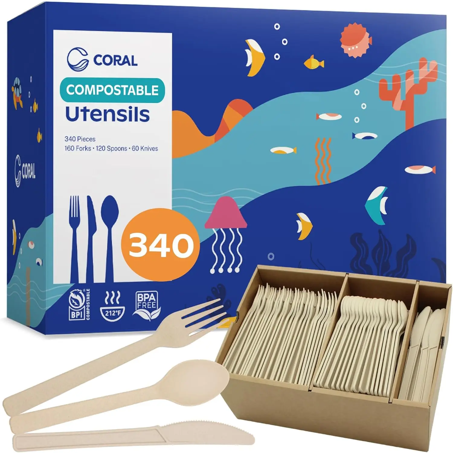 

100% Compostable Silverware Set 340 Pieces Heavy Duty Break Resistant Forks Spoons Knives Bulk Eco Friendly Plastic Alternative