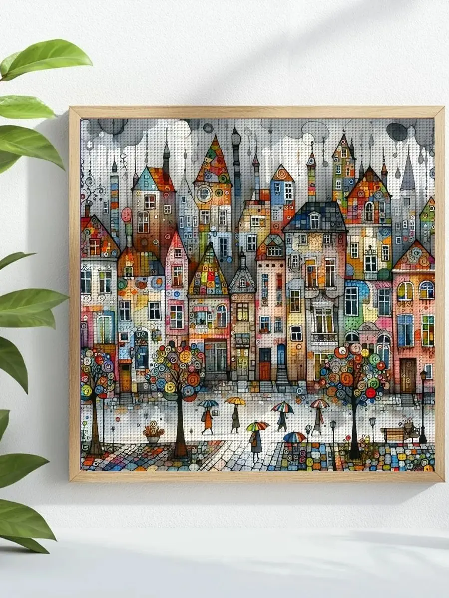 1 Stück 40X40CM/15,74 Zoll Kreuzstich-Set mit Regenstadt-Motiv, DIY-Set 11CT/14CT, DIY-Stickset, DIY-Kreuzstich-Set – Detail 1