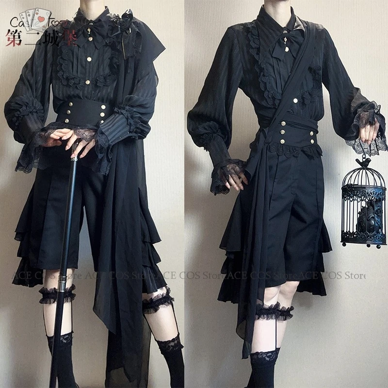 Disfraz هالوين المرأة جيراي كي Ouji نمط الزي لوليتا القرون الوسطى بلوزة يتوهم بدلة سوداء تأثيري القوطية السراويل للجنسين Prin