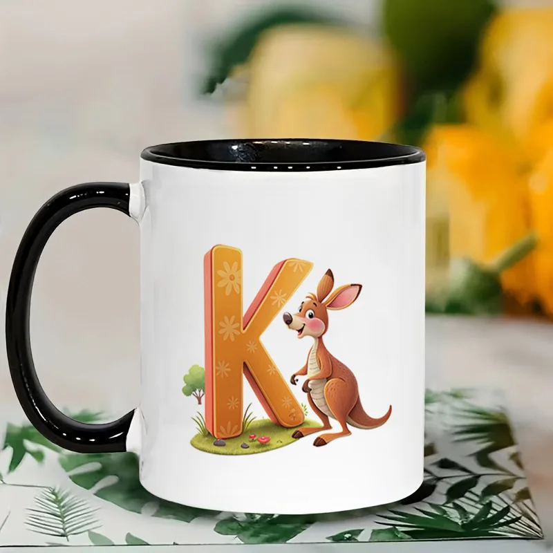Cartoon Kangaroo & Letter K Colorful Print Ceramic Coffee Mug, 11oz 350ml Personalized Custom Mug, Cute Aesthetic Mug Microwave