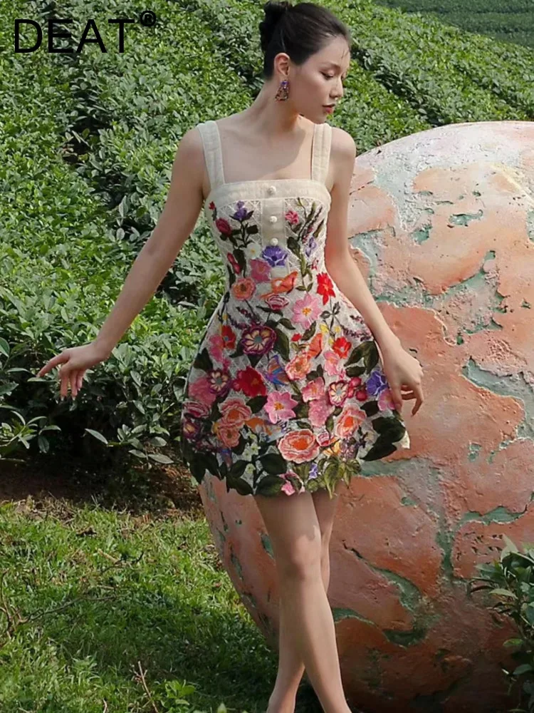 

DEAT Elegant Dress 3D Flower Embroidery Slim Waist Buttons A-line Women's Evening Party Dresses 2024 Summer New Fashion 35Z588