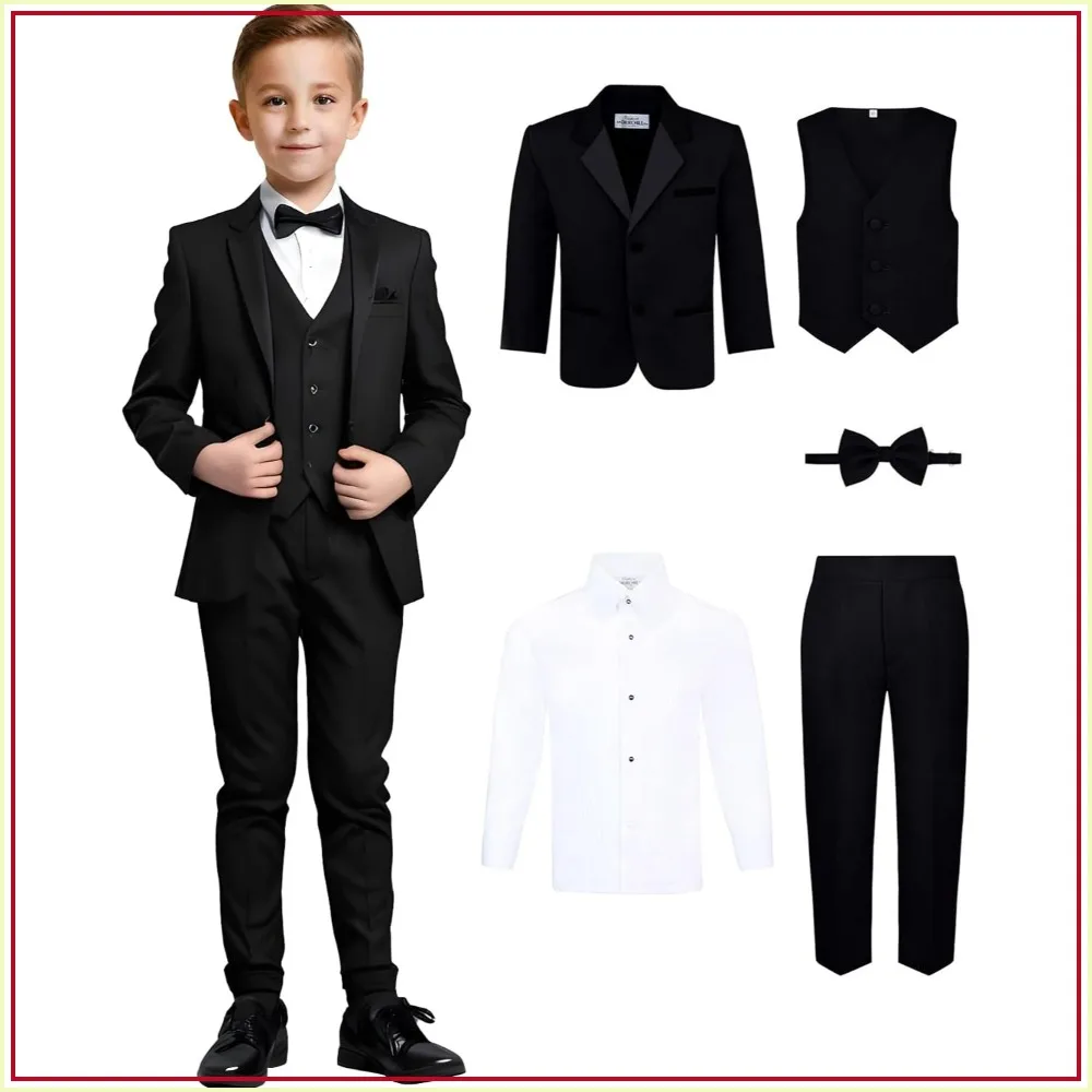 

Boys' 5-Piece Tuxedo Set: Premium Formal Jacket, Pants, Shirt, Vest & Bow Tie