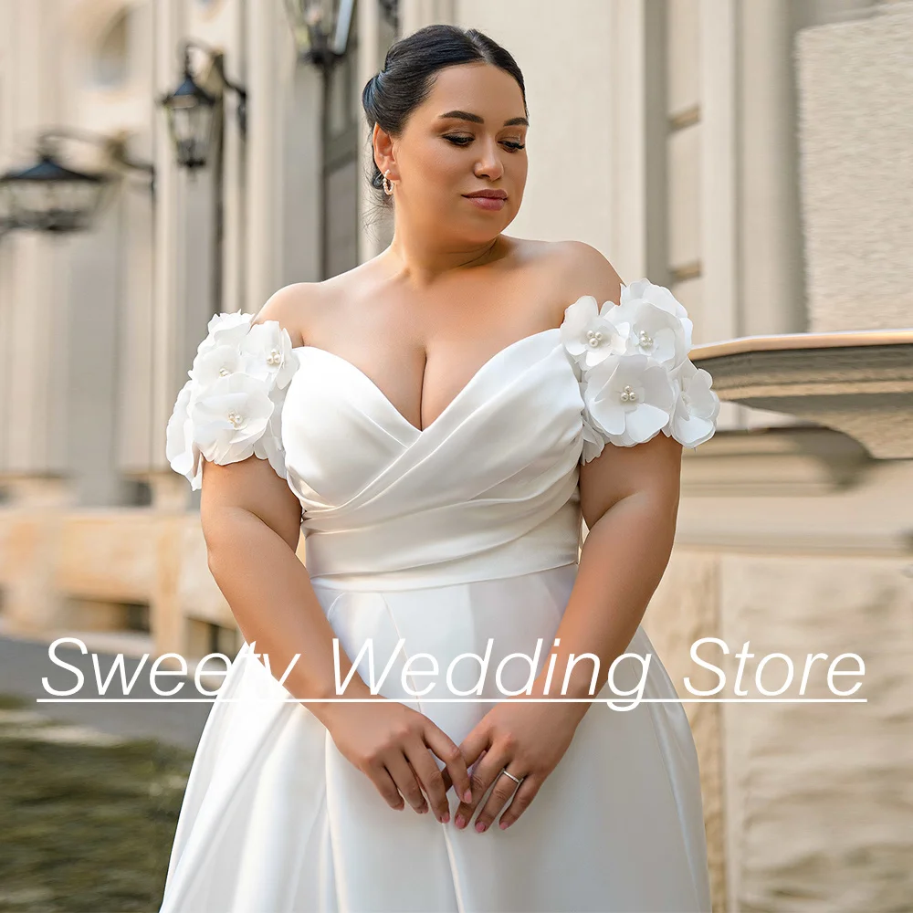 Plus Size Wedding Dresses Big Women Bride Dress Off The Shoulder V Neck Pearls Flower Satin A Line Corset Bridal Gown