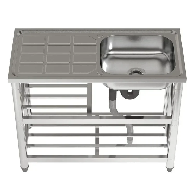 Outdoor Free Standing 304 Stainless-Steel Single Bowl Kitchen Sink Set Commercial Restaurant Counter Installation With Two Holes