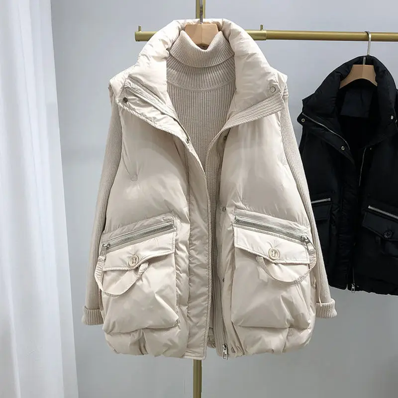 2024 New Winter Cotton Vest Women Warm Coat Turn-down Collar Zipper Sleeveless Jacket Overcoat Loose Waistcoat   Q414