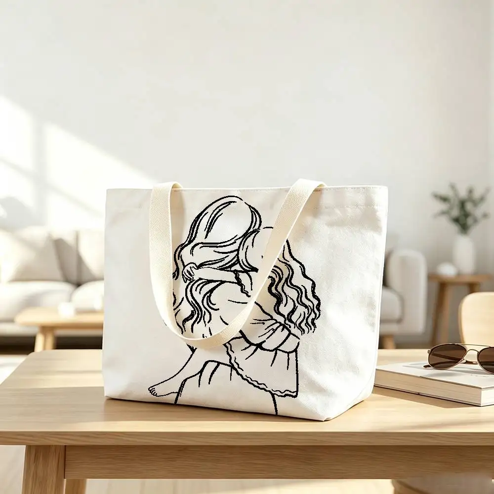 Black Line Drawing Mom and Dad Daughter Print Bag Eco Shopper Cotton Jute Bag Reusable Bag Foldable Reusable Sac Tissu